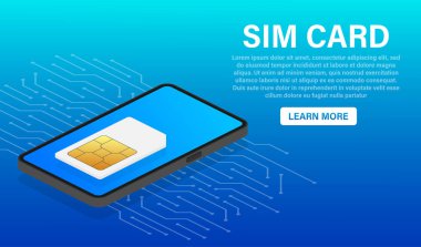 Mavi arka planda Sim Card Chip. Vektör şablonu. İletişim simgesi.