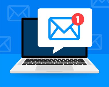 Dizüstü bilgisayardaki yeni mesaj simgesi. Akıllı telefon, cep telefonu, laptop. Düz stilde yeni bir nesne. Vektör illüstrasyonu.
