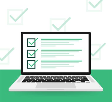 Düz stil yeşil arka planda çizgi araştırma bilgisayarı. Vektör simgesi. Vektör düzlüğü. Satır simgesi. Bilgisayar ekranı.