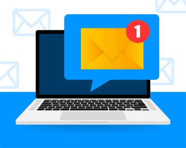 Dizüstü bilgisayardaki yeni mesaj simgesi. Akıllı telefon, cep telefonu, laptop. Düz stilde yeni bir nesne. Vektör illüstrasyonu.