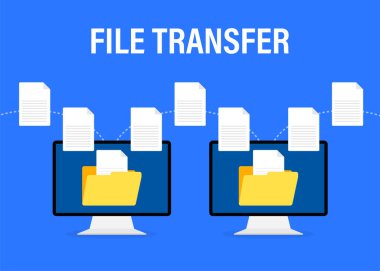 Beyaz arkaplanda dosya aktarımına sahip modern düz simge. Belge simgesi vektörü. İzometrik vektör.