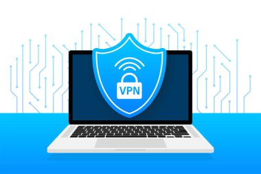 Beyaz arkaplandaki VPN düz mavi güvenlik etiketi. Vektör illüstrasyonu.