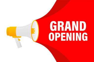 Büyük açılış megafonu kırmızı afişi beyaz arka planda 3 boyutlu olacak. Vektör illüstrasyonu.