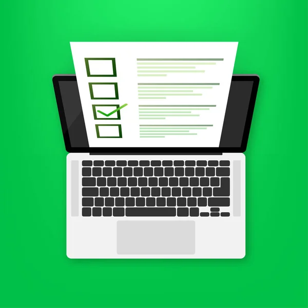 Laptop med online-examen på grön bakgrund. Vektorillustration. — Stock vektor
