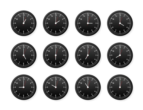 Reloj de oficina realista. Relojes redondos de pared con flechas de tiempo y esfera de reloj. Ilustración vectorial. — Vector de stock