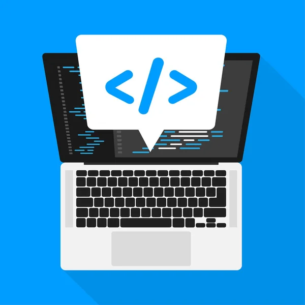 Plattformsoberoende programvara. Kodning av laptop. Digitalt lärande. Platt isometrisk vektorillustration. Bärbar dator. — Stock vektor