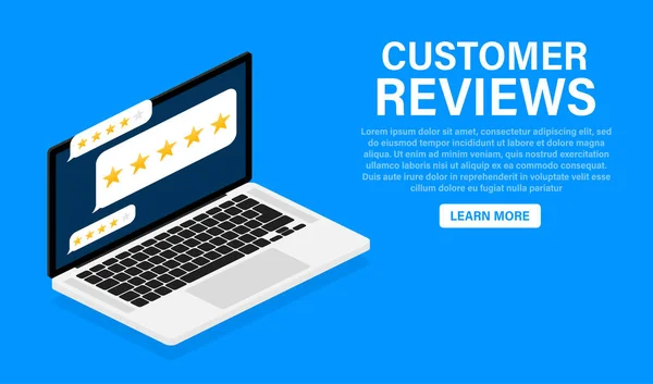 Customer review with gold star icon in laptop screen. Vector illustration. — Stock Vector