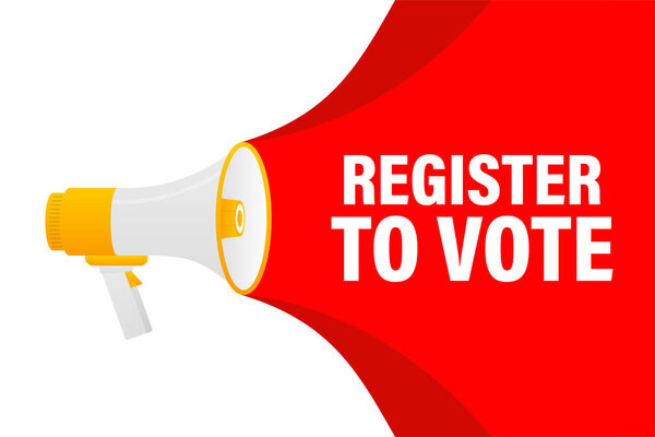 Register to vote megaphone yellow banner in 3D style on white background. Vector illustration.