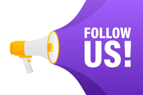 Beyaz arka planda üç boyutlu megafon afişini takip edin. Vektör illüstrasyonu.