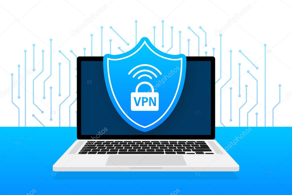 VPN flat blue secure label on white background. Vector illustration.