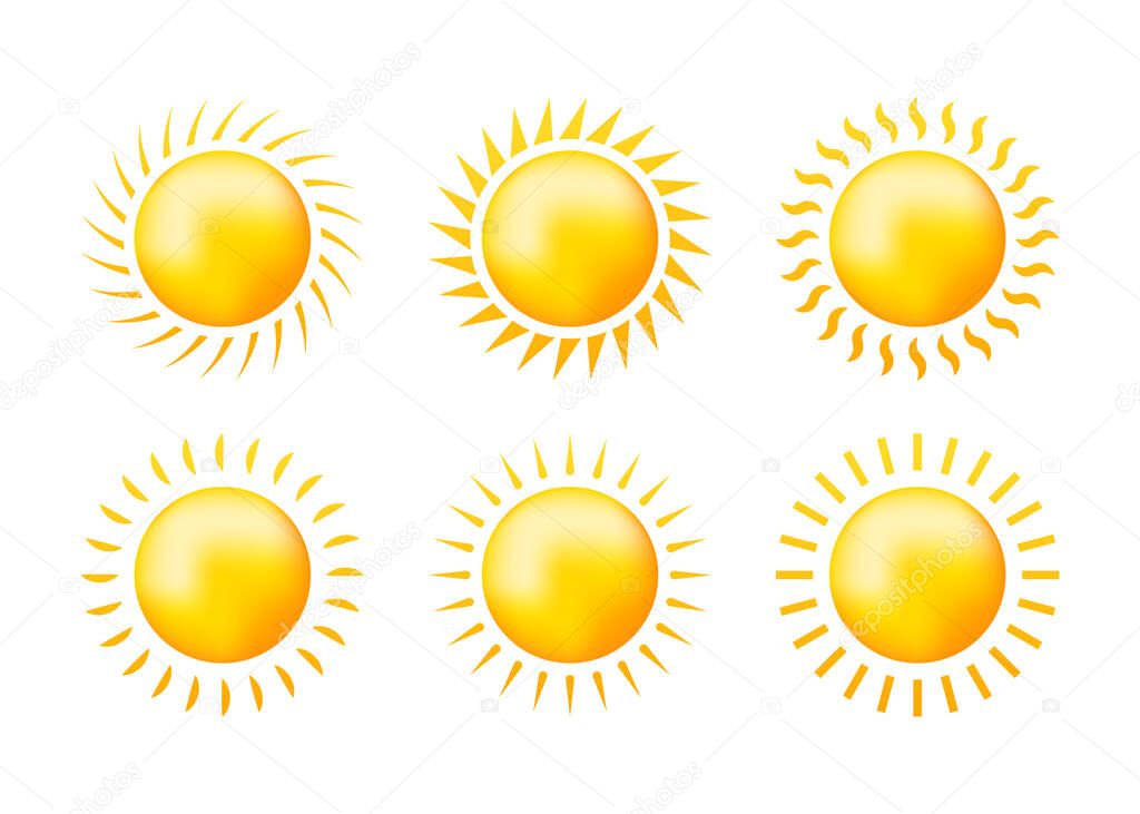Sketch set yellow sun on white backdrop. Abstract light. Summer objects. Vector illustration.