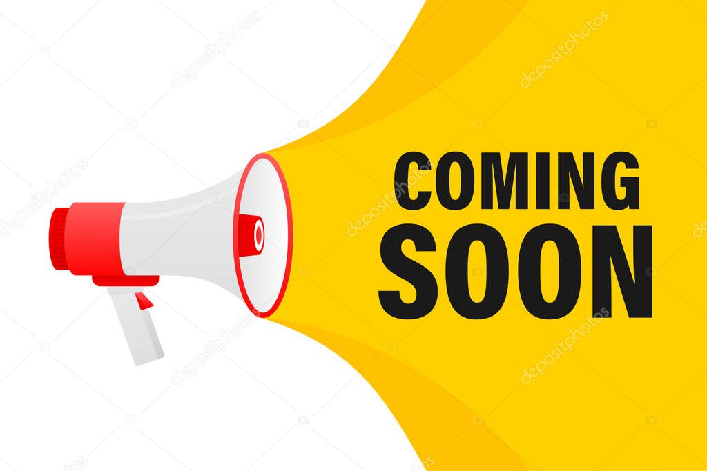 Coming soon megaphone yellow banner in 3D style on white background. Vector illustration