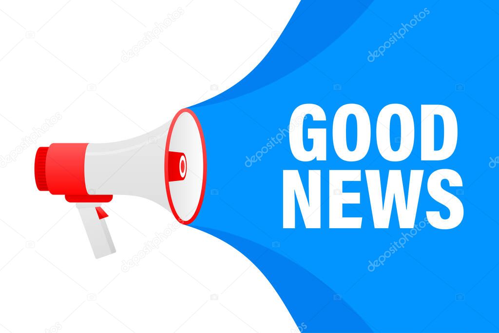 Good News megaphone yellow banner in 3D style on white background. Vector illustration.