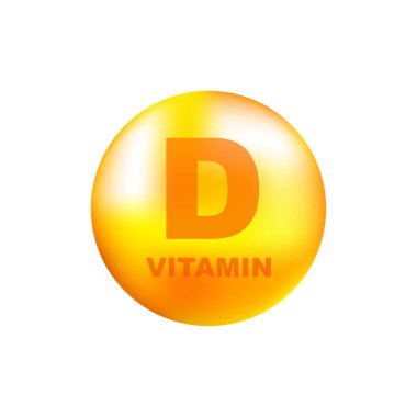 Gri arka planda gerçekçi bir düşüş gösteren D vitamini. Vitamin parçacıkları ortada. Vektör illüstrasyonu.