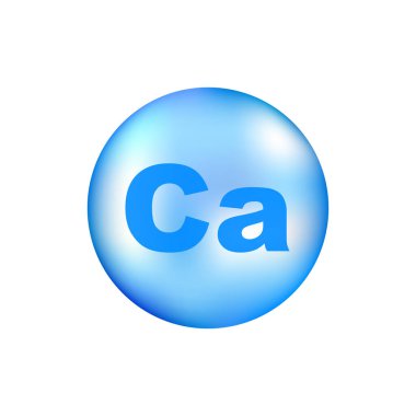 Gri arka planda gerçekçi bir düşüş gösteren Ca vitamini. Vitamin parçacıkları ortada. Vektör illüstrasyonu.