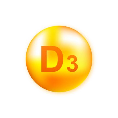 Gri arka planda gerçekçi bir düşüş gösteren D3 vitamini. Vitamin parçacıkları ortada. Vektör illüstrasyonu.