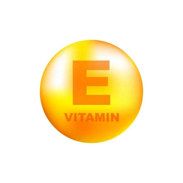 Vitamina E com queda realista no fundo cinza. Partículas de vitaminas no meio. Ilustração vetorial. — Vetor de Stock