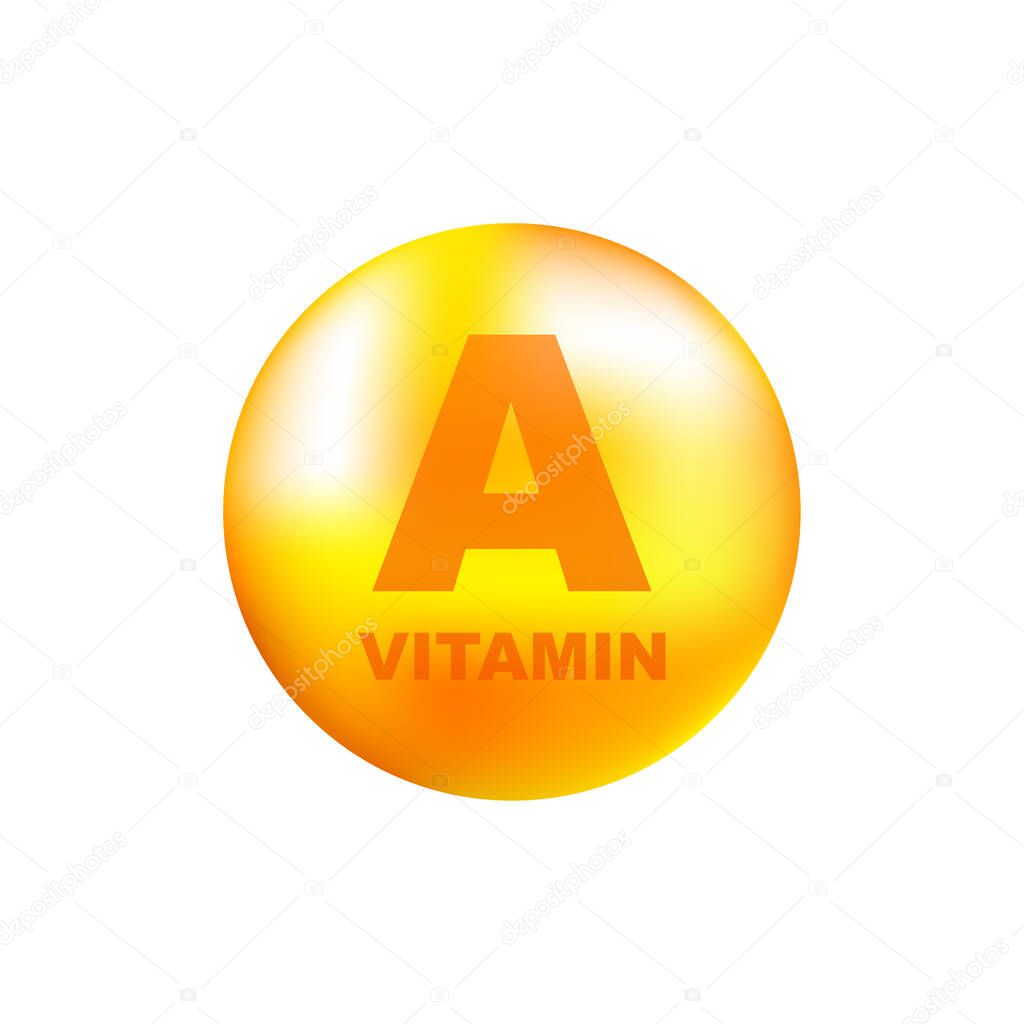 Vitamin A with realistic drop on gray background. Particles of vitamins in the middle. Vector illustration