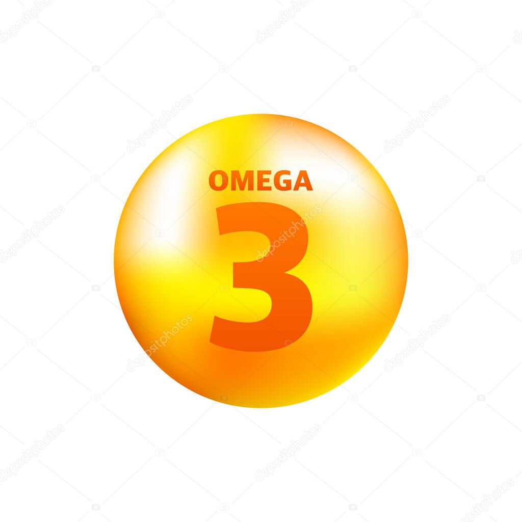 Vitamin omega 3 with realistic drop on gray background. Particles of vitamins in the middle. Vector illustration.