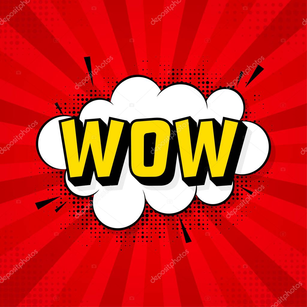 Wow in vintage style. Cartoon style vector. Pop art. Vector text. Wow effect