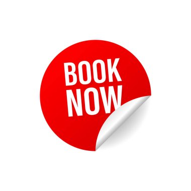 Kırmızı kitap şimdi beyaz arka planda modern tarzda etiketleniyor. Banner promosyonu. Tıkla düğmeye. Çıkartma tasarımı.