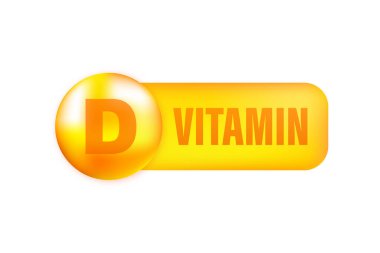 Gri arka planda gerçekçi bir düşüş gösteren D vitamini. Vitamin parçacıkları ortada. Vektör illüstrasyonu.