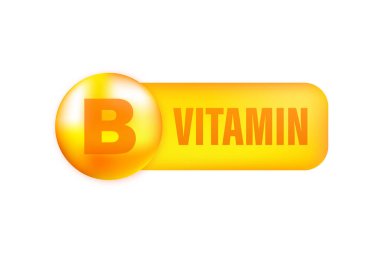 Gri arka planda gerçekçi bir düşüş gösteren B vitamini. Vitamin parçacıkları ortada. Vektör illüstrasyonu.