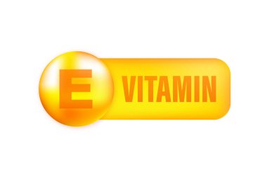 Gri arka planda gerçekçi bir düşüşü olan E vitamini. Vitamin parçacıkları ortada. Vektör illüstrasyonu.