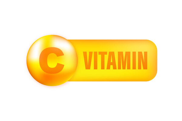 Vitamin C with realistic drop on gray background. Particles of vitamins in the middle. Vector illustration.