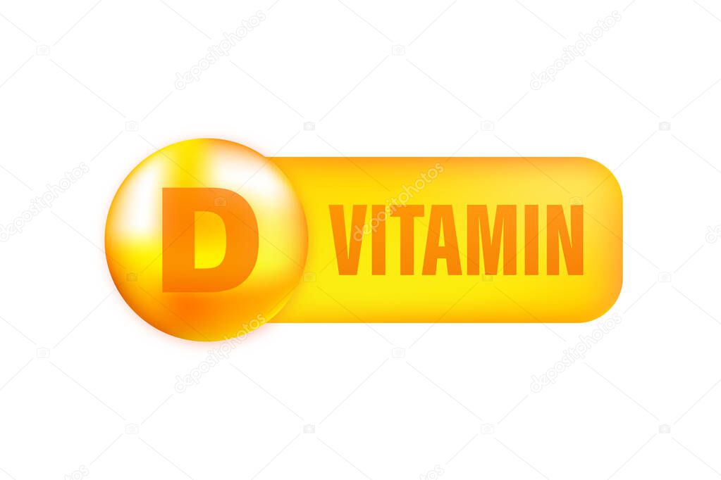 Vitamin D with realistic drop on gray background. Particles of vitamins in the middle. Vector illustration