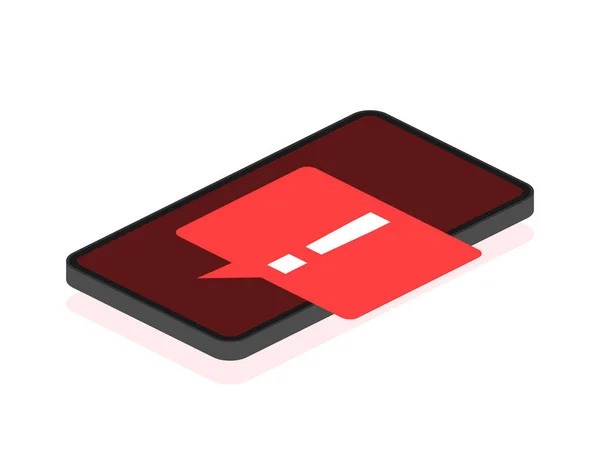 Smartphone avec signe de danger à l'écran sur fond rouge. Illustration vectorielle. — Image vectorielle