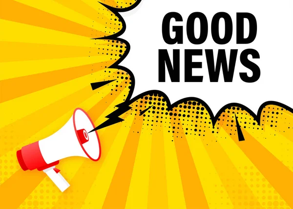 Banner amarillo megáfono de Good News en estilo 3D. Un altavoz. Ilustración vectorial. — Vector de stock