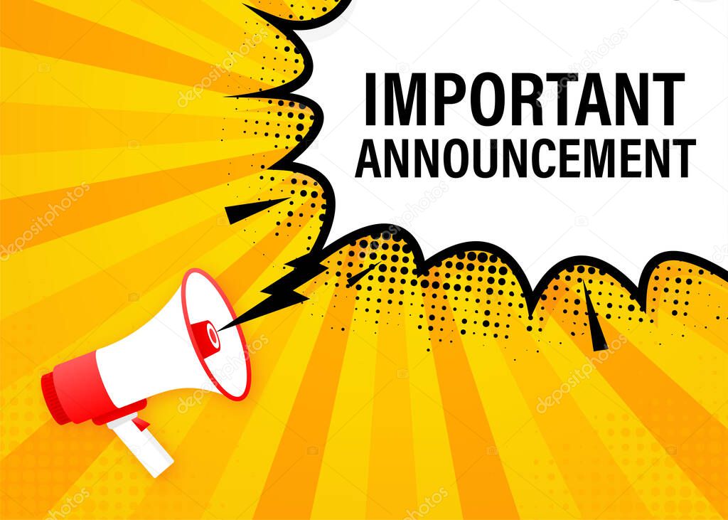 Megaphone with important announcement poster in flat style. Vector illustration.