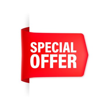 Özel teklif kırmızı kurdele ya da fiyat etiketi. Gerçekçi rozet. Vektör illüstrasyonu.