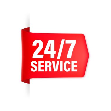 Günün 24 saati ve haftanın 7 günü simge, kırmızı kurdele beyaz arkaplanda izole edilmiş..