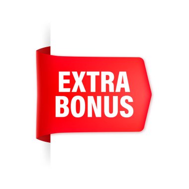 Fazladan ikramiye. Gerçekçi kırmızı kurdele. Ürün reklamı. Web tasarımı. Vektör illüstrasyonu.