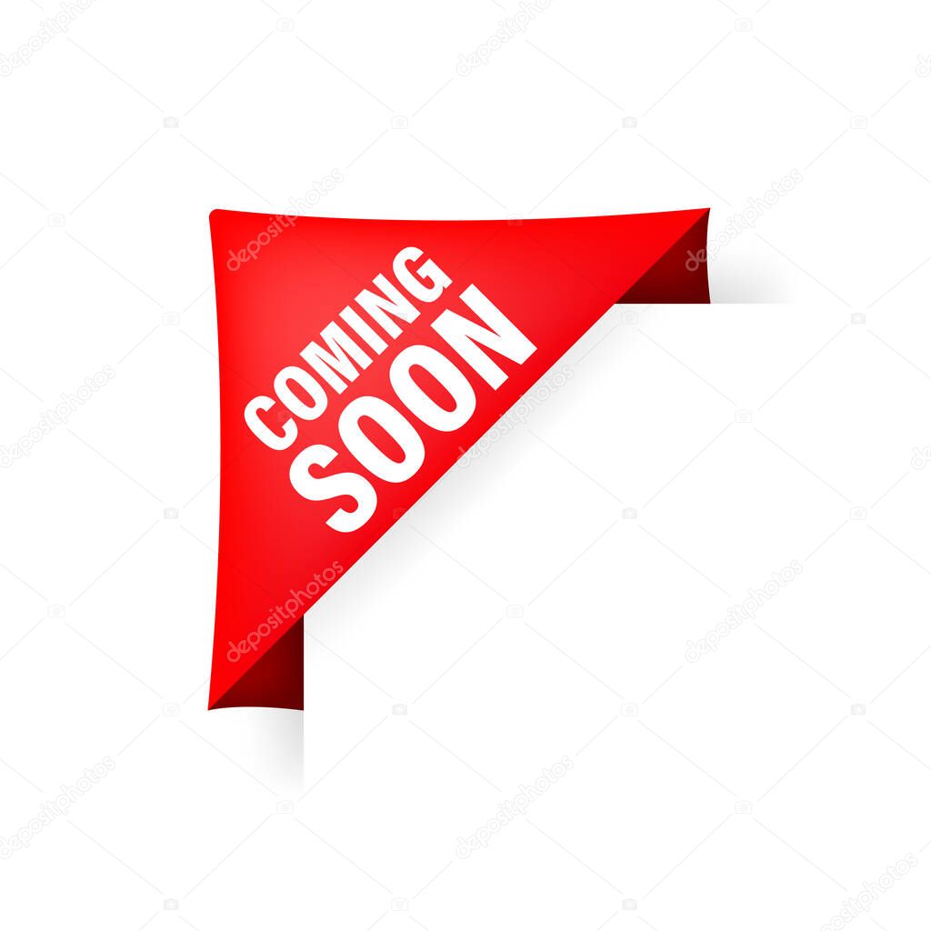 Coming soon red ribbon in 3D style on white background. Vector illustration.