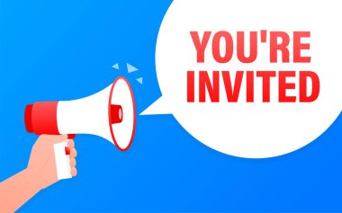 Megafon mavisi sancağa davetlisiniz. Vektör illüstrasyonu.