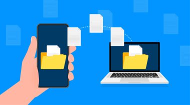 Mavi arkaplanda dosya aktarımına sahip modern düz simge. Belge simgesi vektörü. İzometrik vektör.