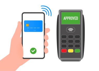 POS Terminal ve beyaz arka planda akıllı telefon. Vektör illüstrasyonu.