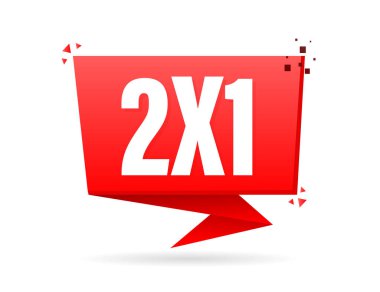 2x1 kırmızı yarı fiyatına ticari etiket beyaz arka planda izole. Vektör illüstrasyonu.
