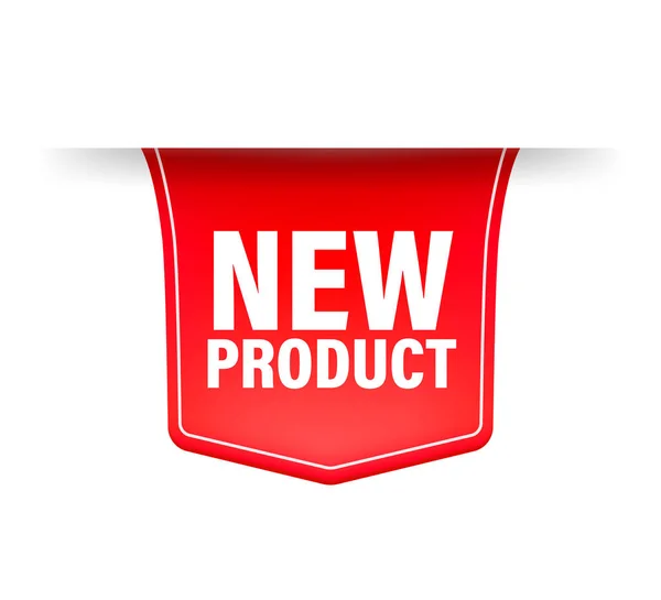 新製品だ。赤い色の現実的なバッジ。プロダクト広告。ウェブデザイン。ベクターイラスト. — ストックベクタ