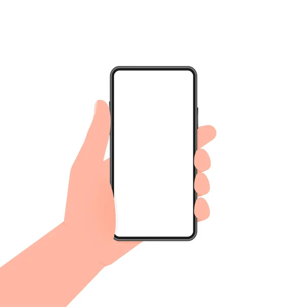 La mano sostiene el teléfono con pantalla azul. Teléfono sobre fondo blanco. Ilustración vectorial. — Vector de stock