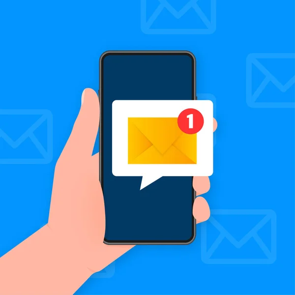 Hand holds phone with mail post new message on blue background. Vector illustration. — Stock Vector