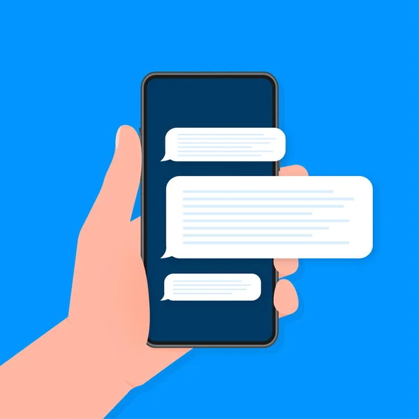 Рука держит телефон с чатом сообщение на синем фоне. Векторная иллюстрация. — стоковый вектор