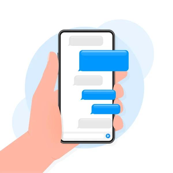 Mano tiene il telefono con messaggio di chat su sfondo blu. Illustrazione vettoriale. — Vettoriale Stock