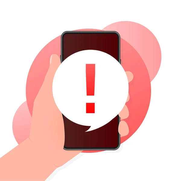 Smartphone con señal de peligro en pantalla sobre fondo rojo. Ilustración vectorial. — Archivo Imágenes Vectoriales