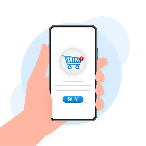 Ruku s chytrým telefonem a koupit znamení na obrazovce. Koncept online nakupování. — Stockový vektor