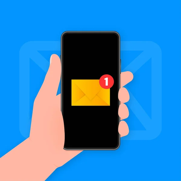 La mano sostiene el teléfono con correo postal nuevo mensaje sobre fondo azul. Ilustración vectorial. — Vector de stock
