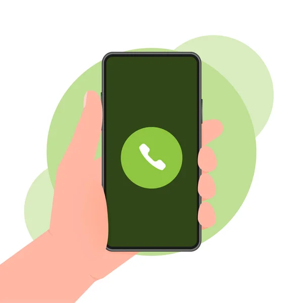 Mano sostiene el teléfono con llamada entrante en la pantalla verde sobre fondo verde. Ilustración vectorial. — Vector de stock